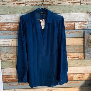 NWT ALFANI Blue Sheer Pleated Button-Down L/S Sz M